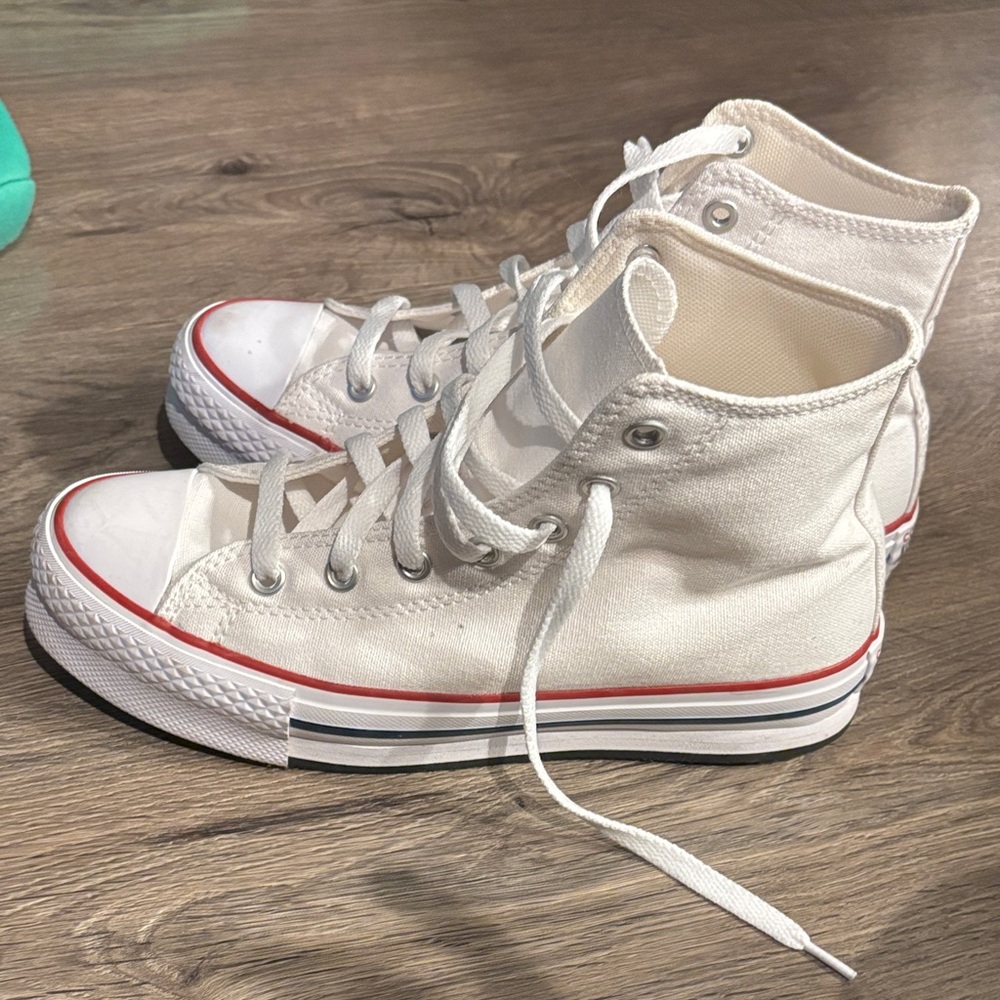 Converse White High-Top Sneakers with Red and Blue Stripes